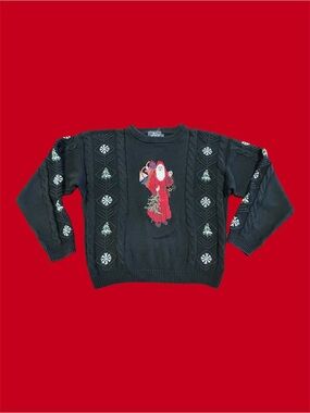 Vintage Woolrich Sweater Needlepoint Christmas Santa Claus Embroidered Size L